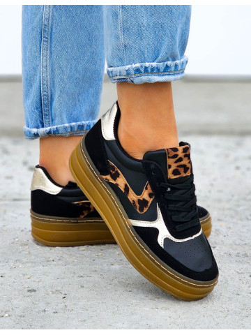 Buty Sportowe Sneakersy Czarne z Wstawką z Panterki