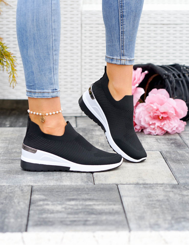 Czarne Buty Sportowe Damskie Sneakersy Elastyczne
