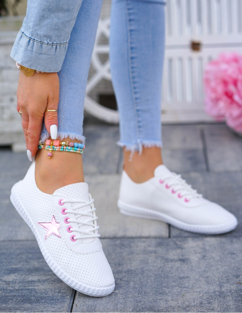 Białe Trampki Tenisówki Buty Sportowe Skóra Pink Star
