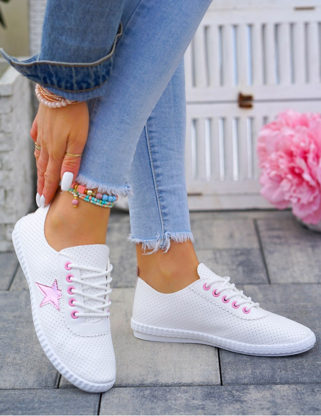 Białe Trampki Tenisówki Buty Sportowe Skóra Pink Star