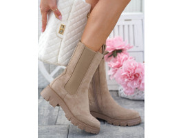 Beżowe Glany Botki Zamszowe Khaki Suede