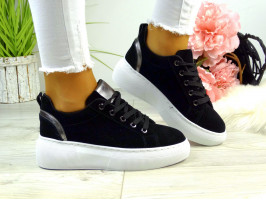 Czarne Buty Sportowe Damskie Trampki Gruba Podeszwa