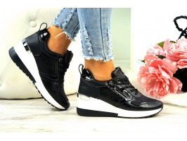 Czarne Buty Sportowe Damskie Sneakersy Wysoka Podeszwa Skóra