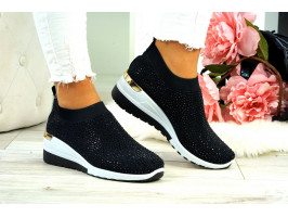 Czarne Buty Sportowe Damskie Sneakersy Wysoka Podeszwa