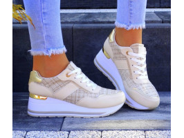 Eleganckie Beżowo-Złote Buty Sportowe Damskie Sneakersy Na Grubej Podeszwie