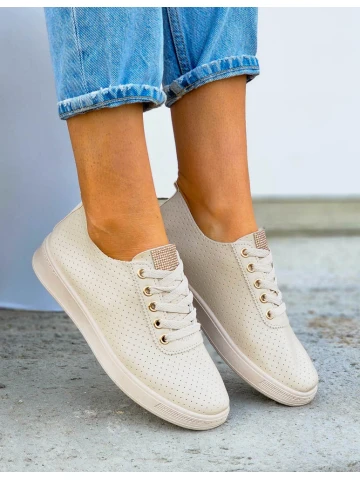 Beżowe Buty Sportowe Trampki Tenisówki Ze Skóry Loren