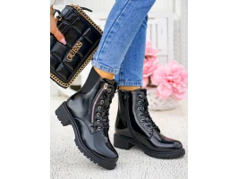 Botki Damskie Buty Zimowe Ocieplane Oficerki Lakierowane Rain